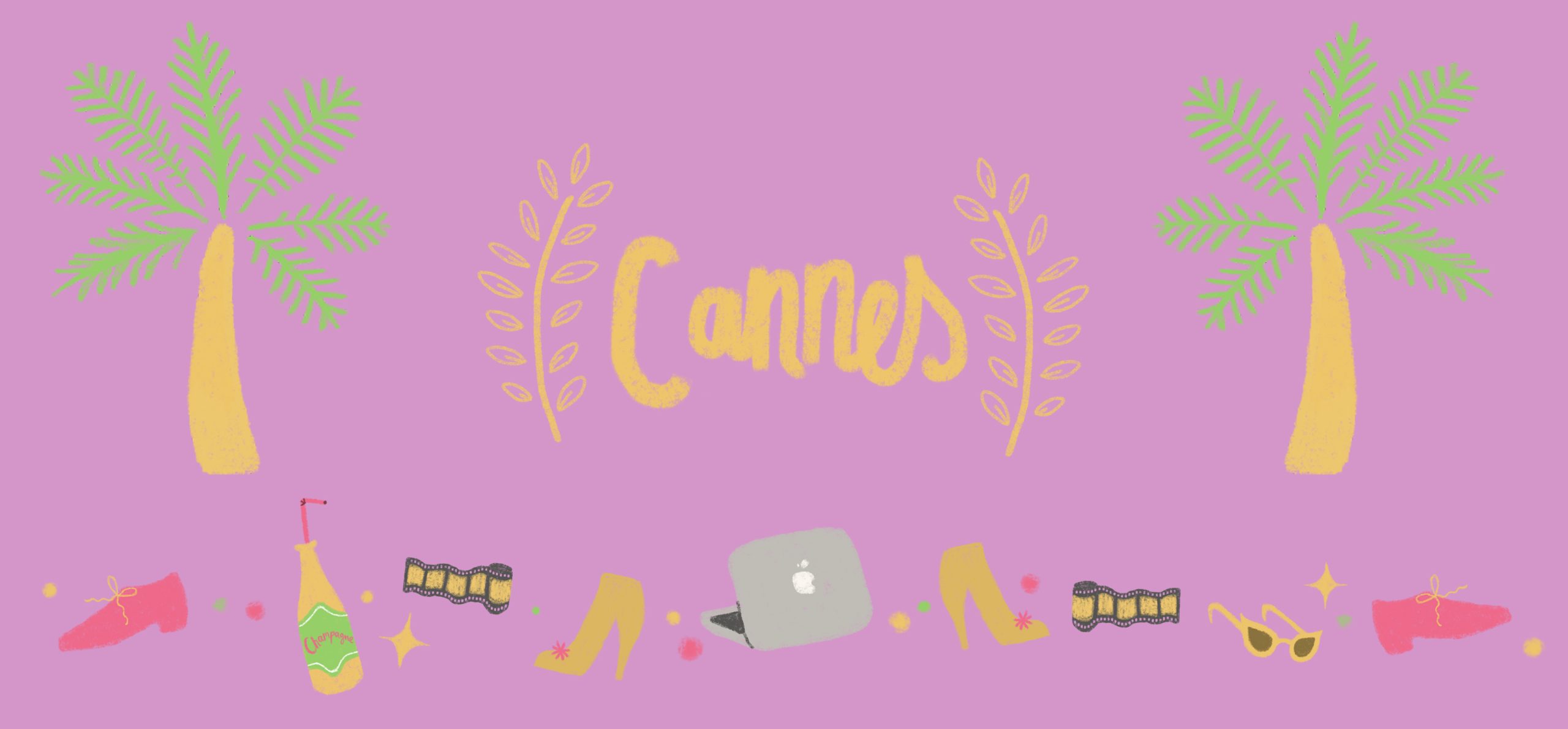 Kuvituskuva, jossa aniliininpunaisella pohjalla teksti "Cannes".