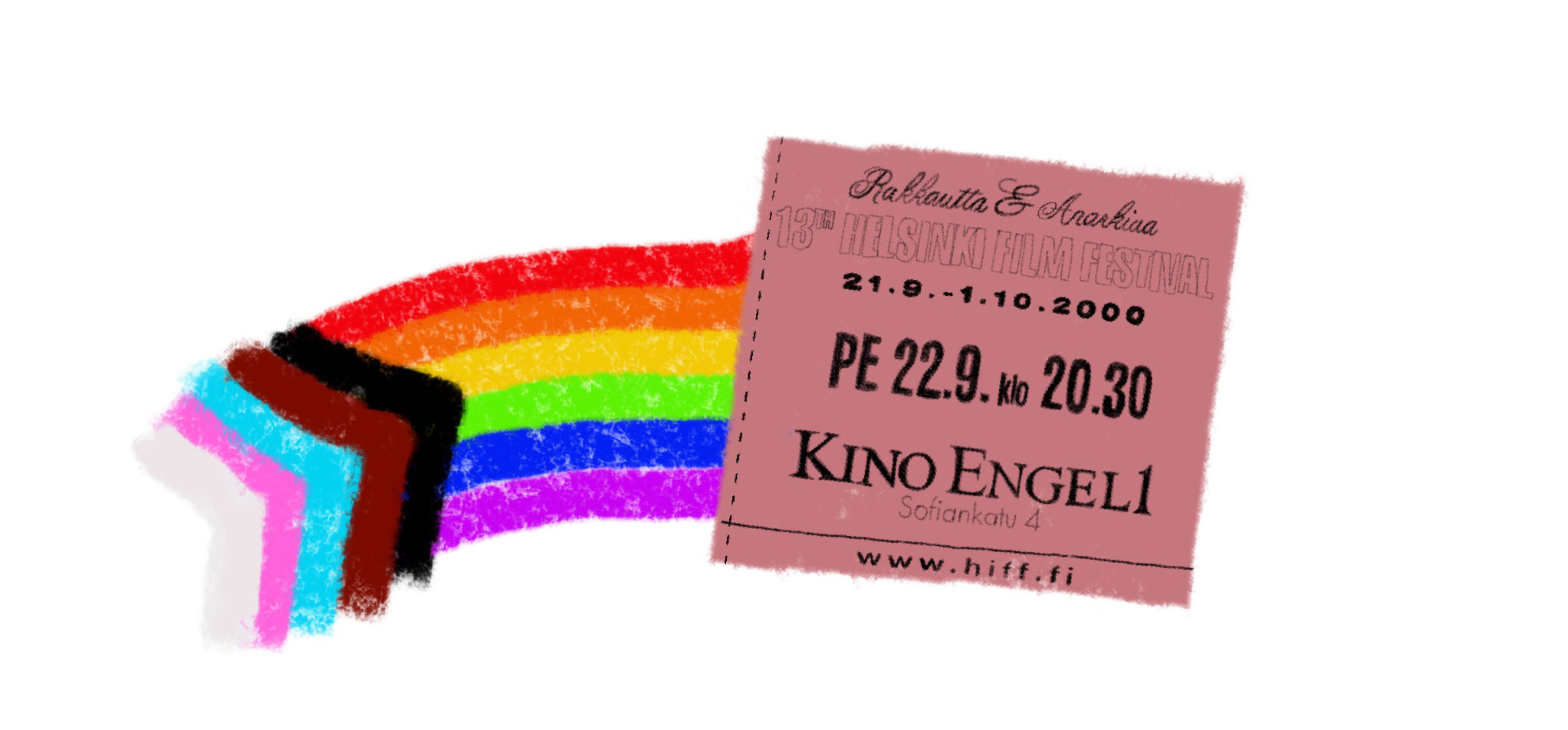 Kuvituskuva jossa Kino Engelin vanha elokuvalippu ja sateenkaaritähdenlento.